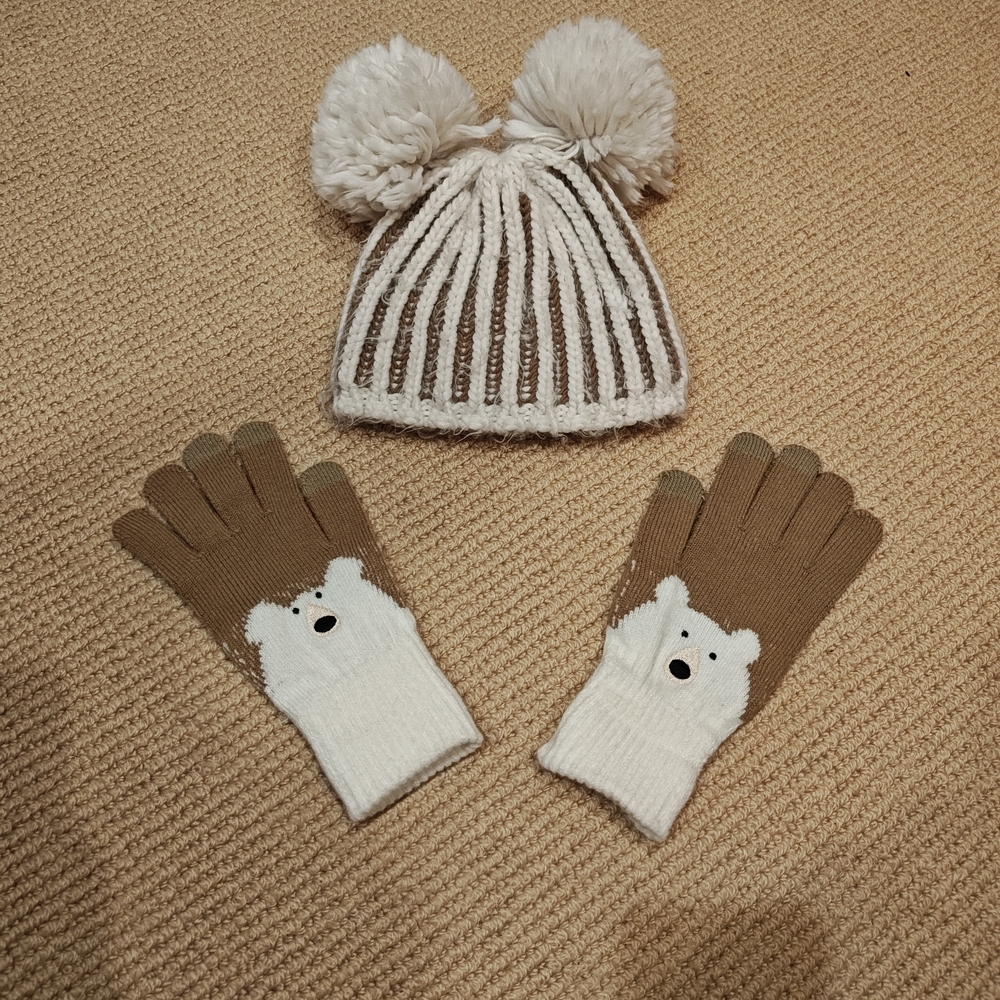 Rusty Brown and Cream Bear Pom-Pom Hat and Gloves Set